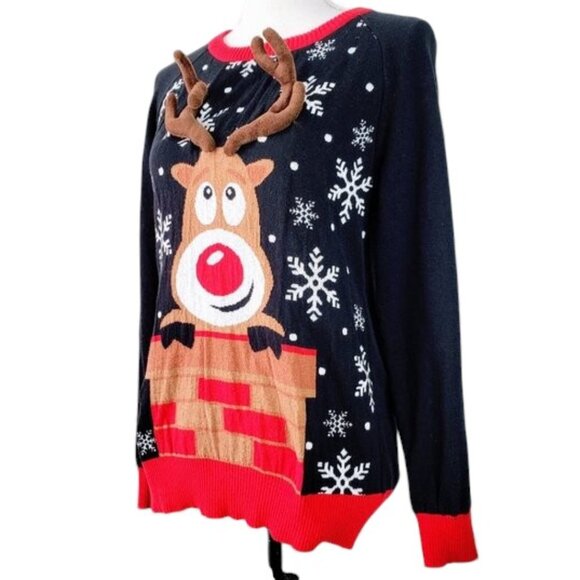 Well Worn 3D Antler Ugly Christmas Sweater Rudolph Chimney Holiday Party L - Picture 4 of 8